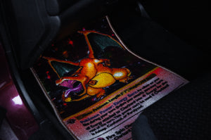 The "Charizard!! | Floor Mats!" by Incompletegl are perfect for Pokémon fans, showcasing a vibrant, oversized image of a Charizard Pokémon card. The design features flames blazing from Charizard's mouth and its wings outstretched against a starry background. Ideal for any JDM car floor mat collection, this mat retains all the original card's text and details.