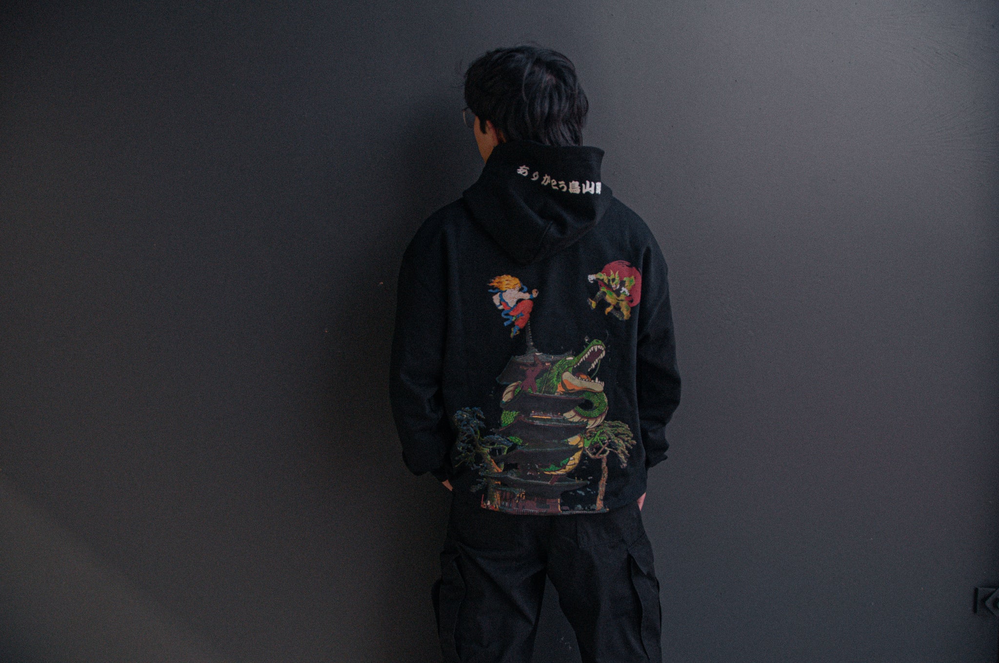 A person standing with their back to the camera, wearing the Dragon Ball Z Super Pack! | Bundle Pack from Incompletegl, featuring colorful, graphic designs of characters and creatures on a black hoodie that embodies Saiyan spirit. The background is a plain, dark, textured wall.