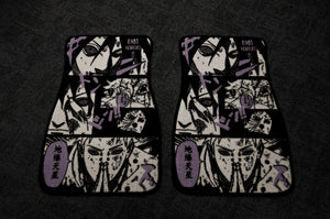 Two rectangular floor mats from Incompletegl's "Rinnegan Manga Panel!!" collection showcase black and white manga-style illustrations with minimal purple accents, reminiscent of Naruto's Rinnegan. The artwork features stylized faces and Japanese text, all set against a textured dark background.