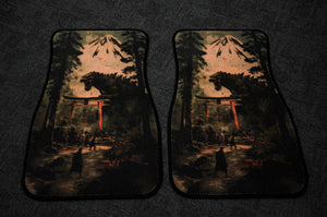 The "Godzilla x Torii Shrine | Floor Mats!" by Incompletegl showcase a dark, mystical scene featuring a torii gate in a forest guarded by an imposing dragon. People are depicted in the foreground with a snow-capped mountain in the background, capturing the essence of Japanese culture.