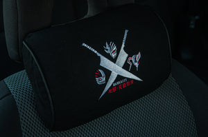 Introducing the Ichigo x Hollow Forms! Headrest Pillows by Incompletegl. These car headrest pillows showcase a sleek black cover adorned with an embroidered design featuring three Japanese swords and stylized masks. Emphasizing the iconic phrase "BANKAI!!" in bold white and red, along with Japanese characters, these pillows encapsulate the spirit of Ichigo's Hollow Forms. The seat is elegantly upholstered in a blend of black and gray fabric.
