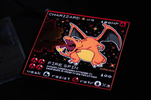 Here's a close-up of the Retro Charizard! | Glow Panel by Incompletegl. The panel features a vibrant holographic effect with an illustration of Charizard breathing fire. Text on the panel highlights its moves, "Fire Spin," and stats of 120 HP, making it an essential piece for dedicated Pokémon fans.