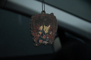 Introducing the Pikachu x Akatsuki Air Freshener by Incompletegl! This hanging car air freshener showcases Pikachu donning Akatsuki's iconic black robes, set against a fiery backdrop. It comes with an attached black string, perfect for enhancing your car's interior.