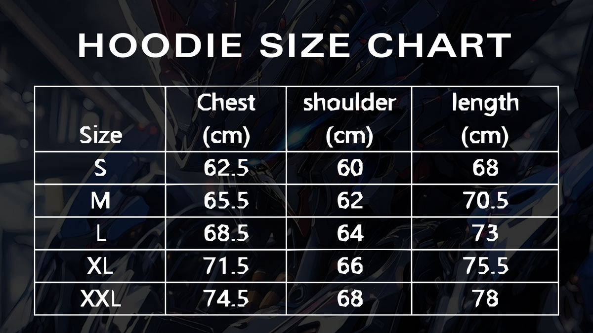 Description: The size chart for the Mecha Ronin | Oversized Hoodie by Incompletegl features five rows and four columns with measurements in centimeters. The columns indicate size, chest, shoulder, and length. Sizes range from S to XXL with chest sizes between 62.5 and 74.5 cm, shoulders between 60 and 68 cm, and lengths between 68 and 78 cm.