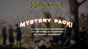 Characters from Jujutsu Kaisen gather around a picnic table under a tree. The text reads "Jujutsu Kaisen Mystery Pack by Incompletegl! X1: Floor Mat (Random), X1: Seatbelt Cushion, X2: Decal (Random).