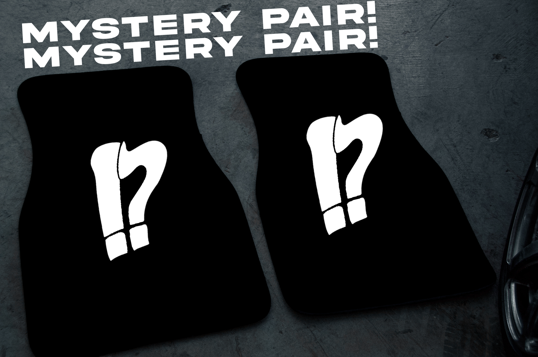 The Incompletegl Mystery Pair! floor mats feature a black design with a white question mark and exclamation point, alongside the repeated bold phrase "MYSTERY PAIR!" in white. These anime-inspired mats add intrigue to any dark, textured surface.