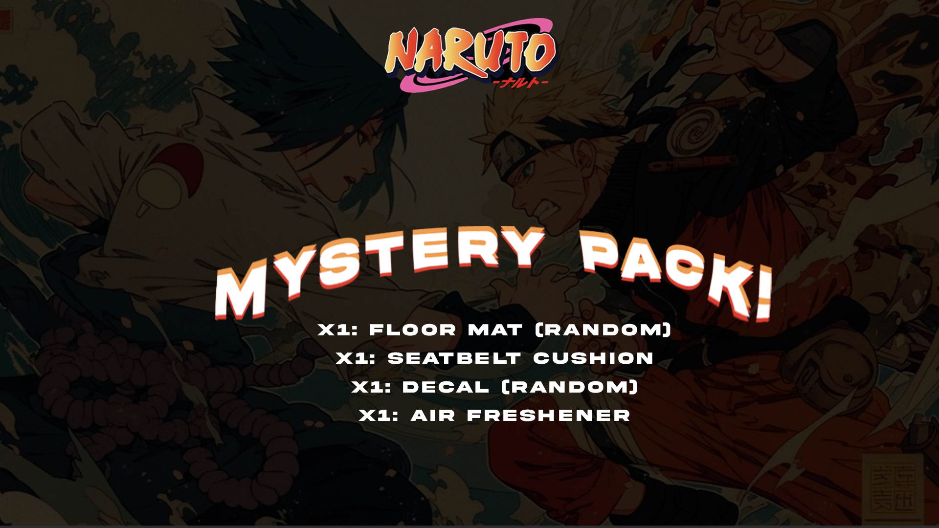 Text reads: "Naruto Pack! | Anime Bundle Pack" by Incompletegl. Items listed: random floor mat, seatbelt cushion, random decal, air freshener. Background features anime-style artwork with Naruto-themed characters in action.