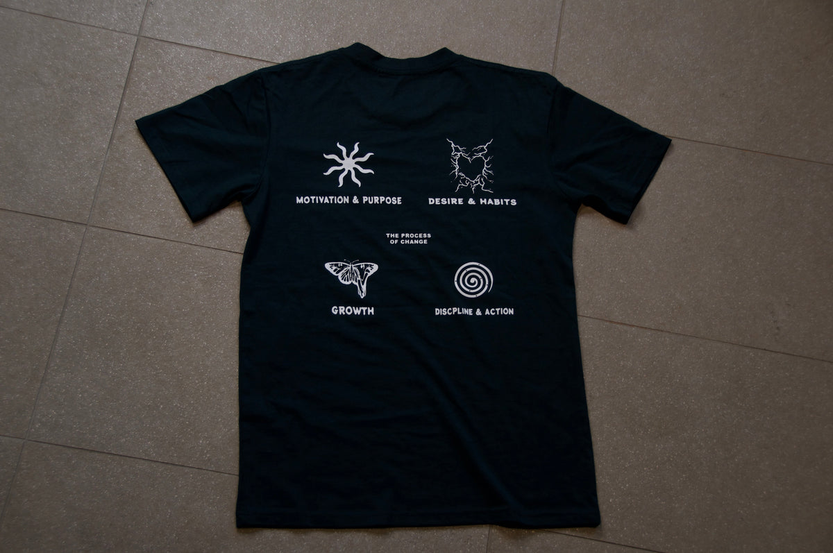 A black "Motivational OG Shirt| Before Incomplete..." by Incompletegl is laid flat on a tiled floor. The back of the shirt features white graphics and phrases: "Motivation & Purpose" with a sun-like symbol, "Desire & Habits" with a butterfly, "Growth" with a butterfly, "The Process of Change," and "Discipline & Action." Each element weaves together A Story to Tell.