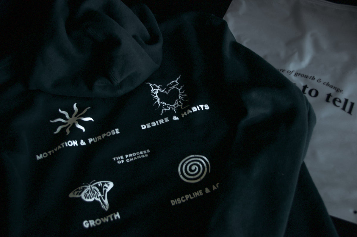 The Motivational OG Hoodie by Incompletegl is showcased on a dark surface. This high-quality black hoodie features white printed designs and texts such as "Motivation & Purpose," "Desire & Habits," "The Process of Change," "Growth," and "Discipline & Action." Accompanying the text are abstract symbols including a sun, heart, butterfly, and spiral.