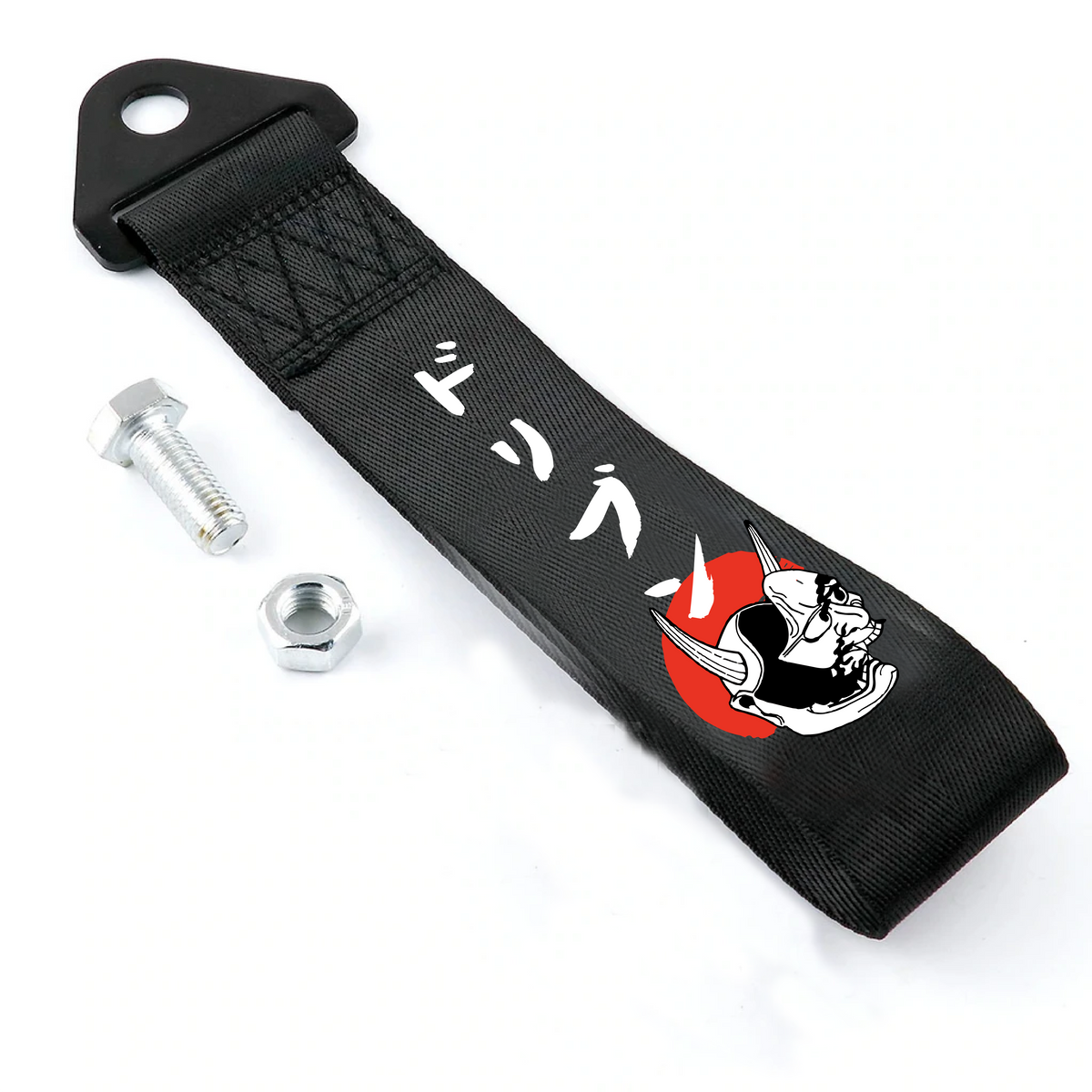 The Red Sun Oni Mask Tow Strap by Incompletegl features a striking red and white design with Japanese characters on a black strap. The strap is attached to a black triangular metal piece, and next to it sits a metal bolt with a matching nut, all reflecting elements of Japanese culture.