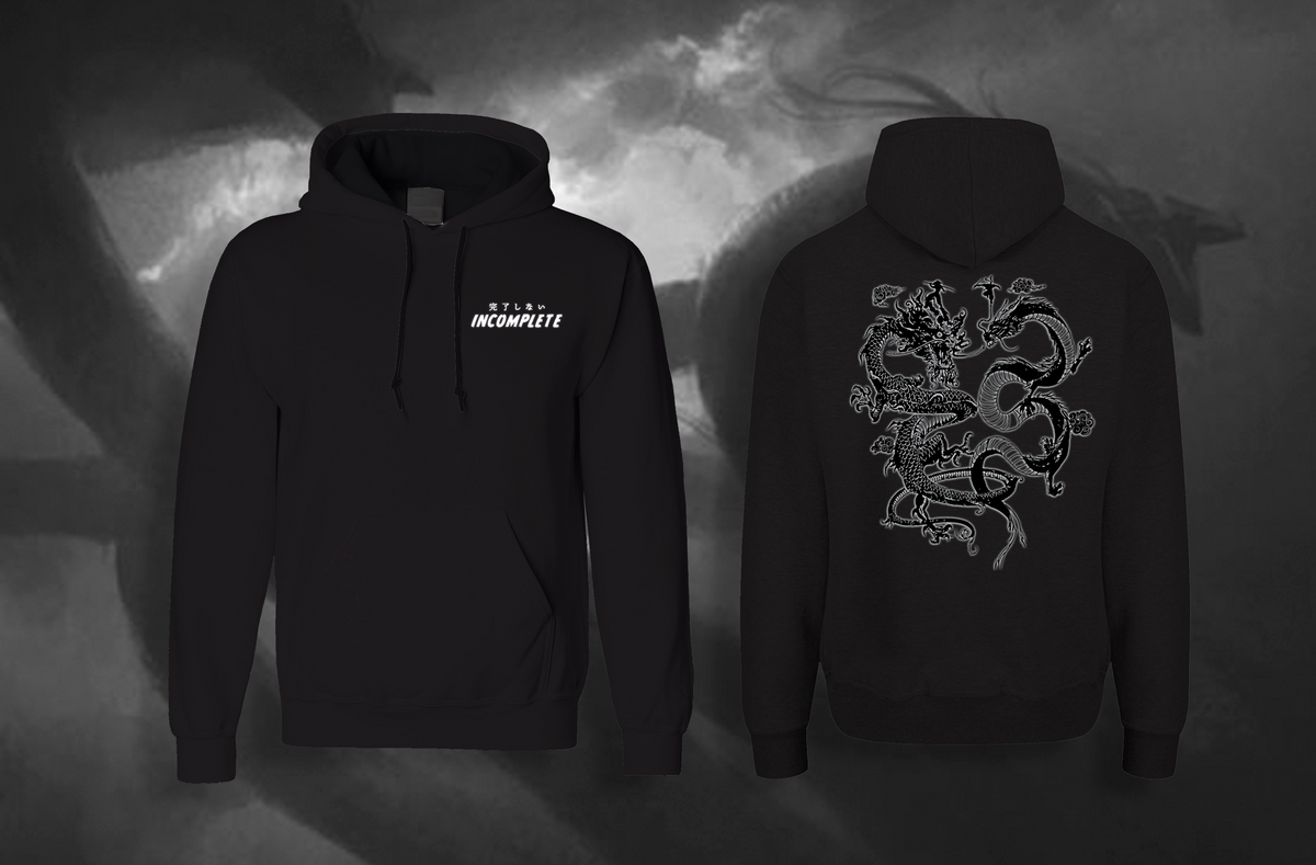 The Incompletegl Unisex The Clash of Dragons! Hoodie in black, available in sizes S to XXL, is showcased from both the front and back. On the left chest, small white text reads "TRUST INCOMPLETE," while the back features an intricate twin dragon design. The background sets a blurred, smoky scene with a faint image of a dragon—ideal for fans who appreciate minimal artwork hoodies.