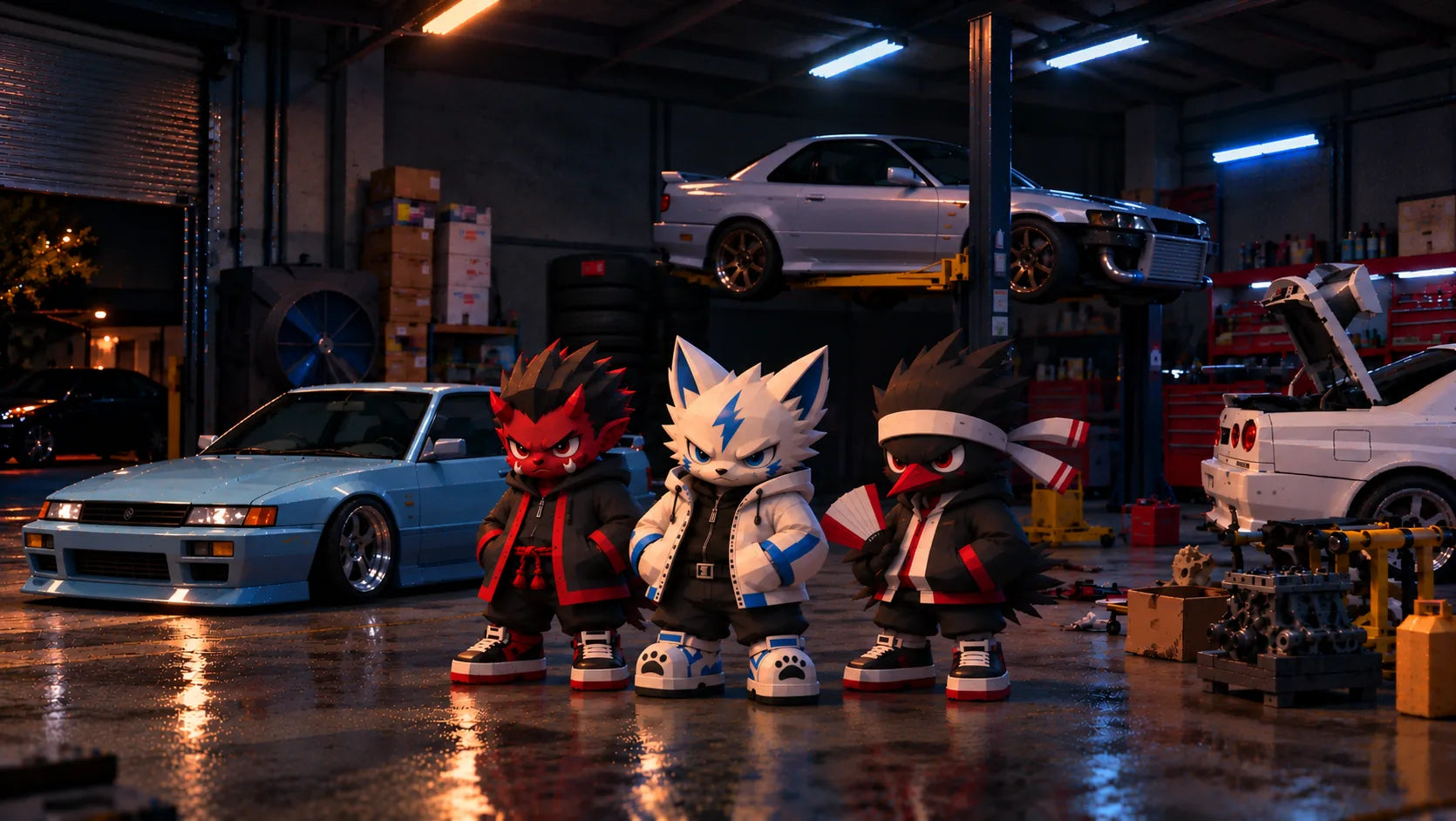 Oni, Raiju and Tengu in the underground garage