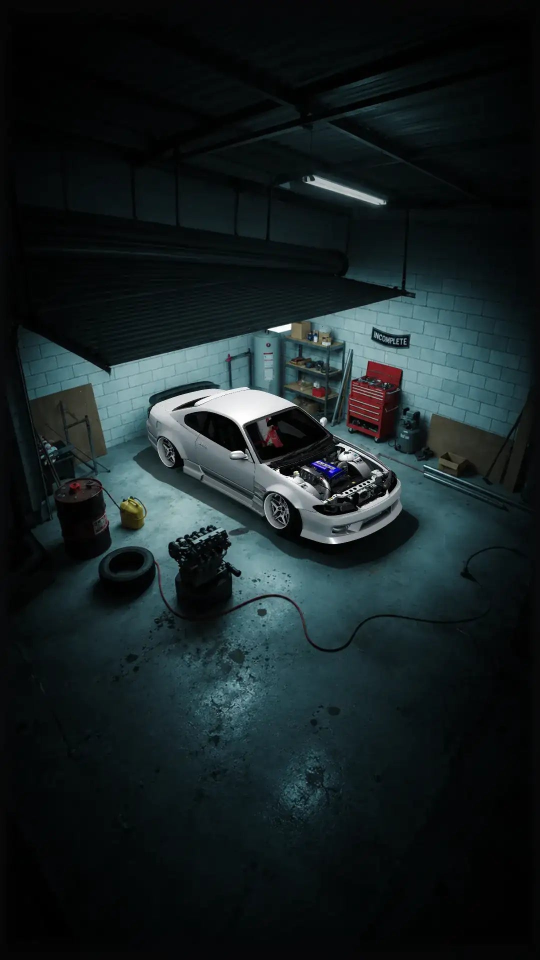Black S15 parked in the Incomplete garage